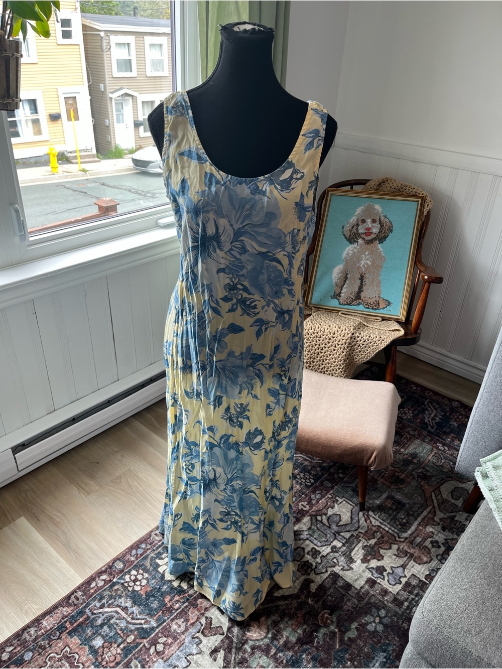Women’s Vintage Y2K Express Yellow Maxi Dress with Blue Floral Print made USA L